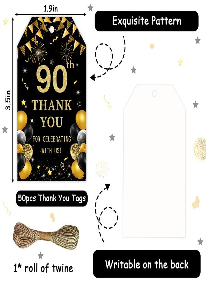 Serencatcher Black and Gold 90th Birthday Thank You Tags - 50pcs Thank You for Celebrating with Us Favor Gift Tags with String 1.9x3.5 Inches for Men Women 90th Birthday Anniversary Party Favors - Image 5